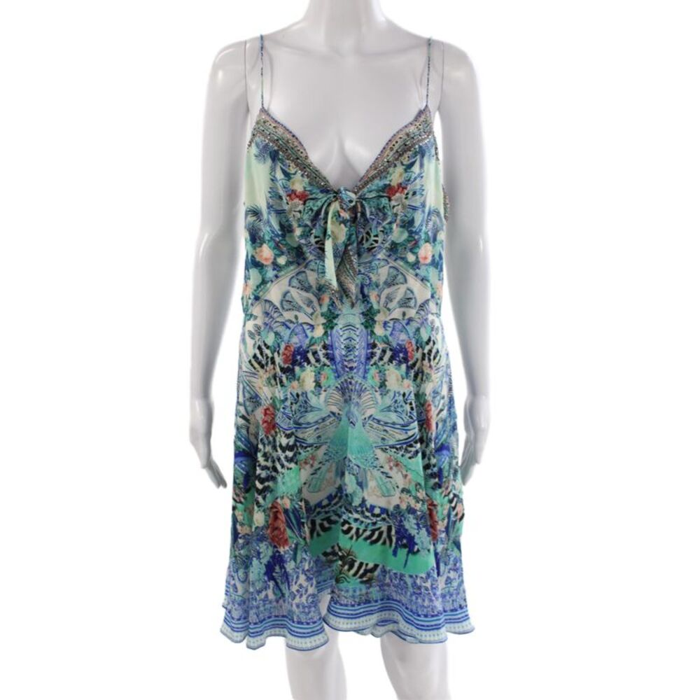 Camilla Women Slip Dress Silk Floral V-Neck Tie Sleeveless Size L